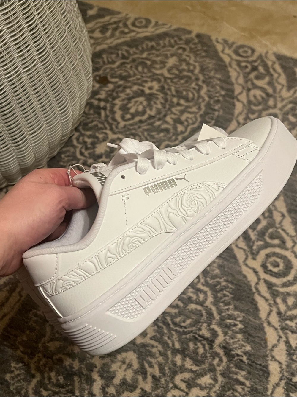 Puma White Platform Sneakers with Embossed Rose Detail